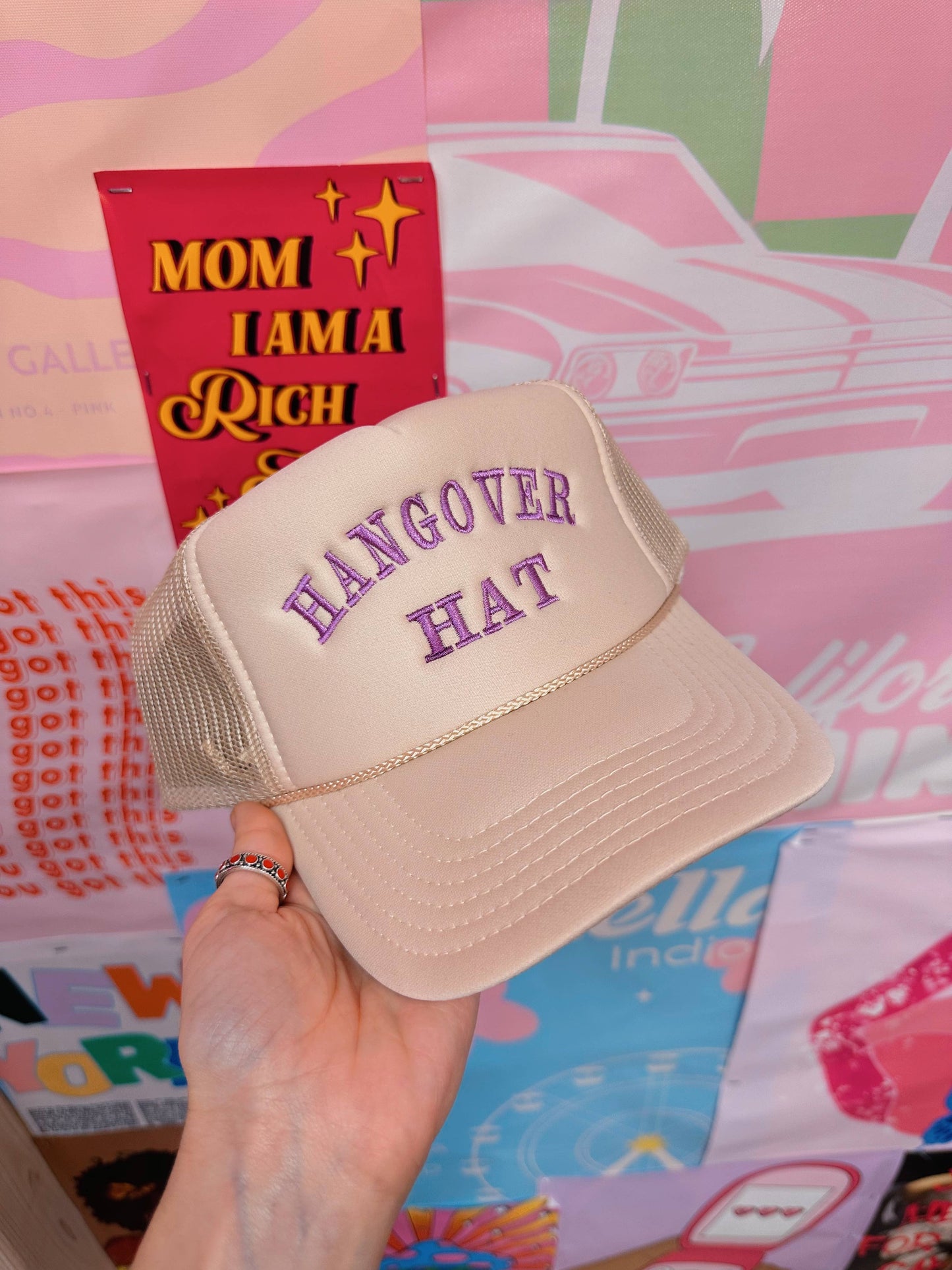 Tan Hangover Trucker Hat Embroidery