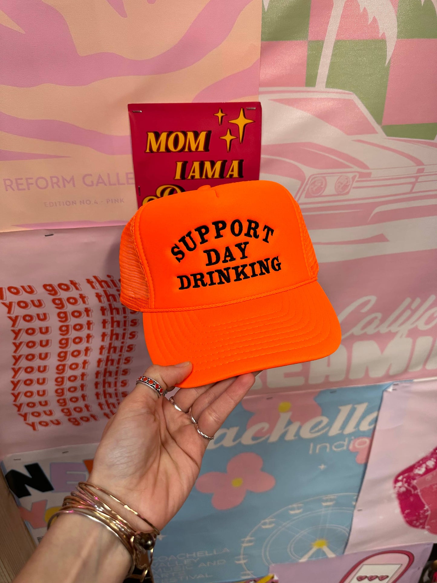 Support Day Drinking Trucker Hat Neon Orange