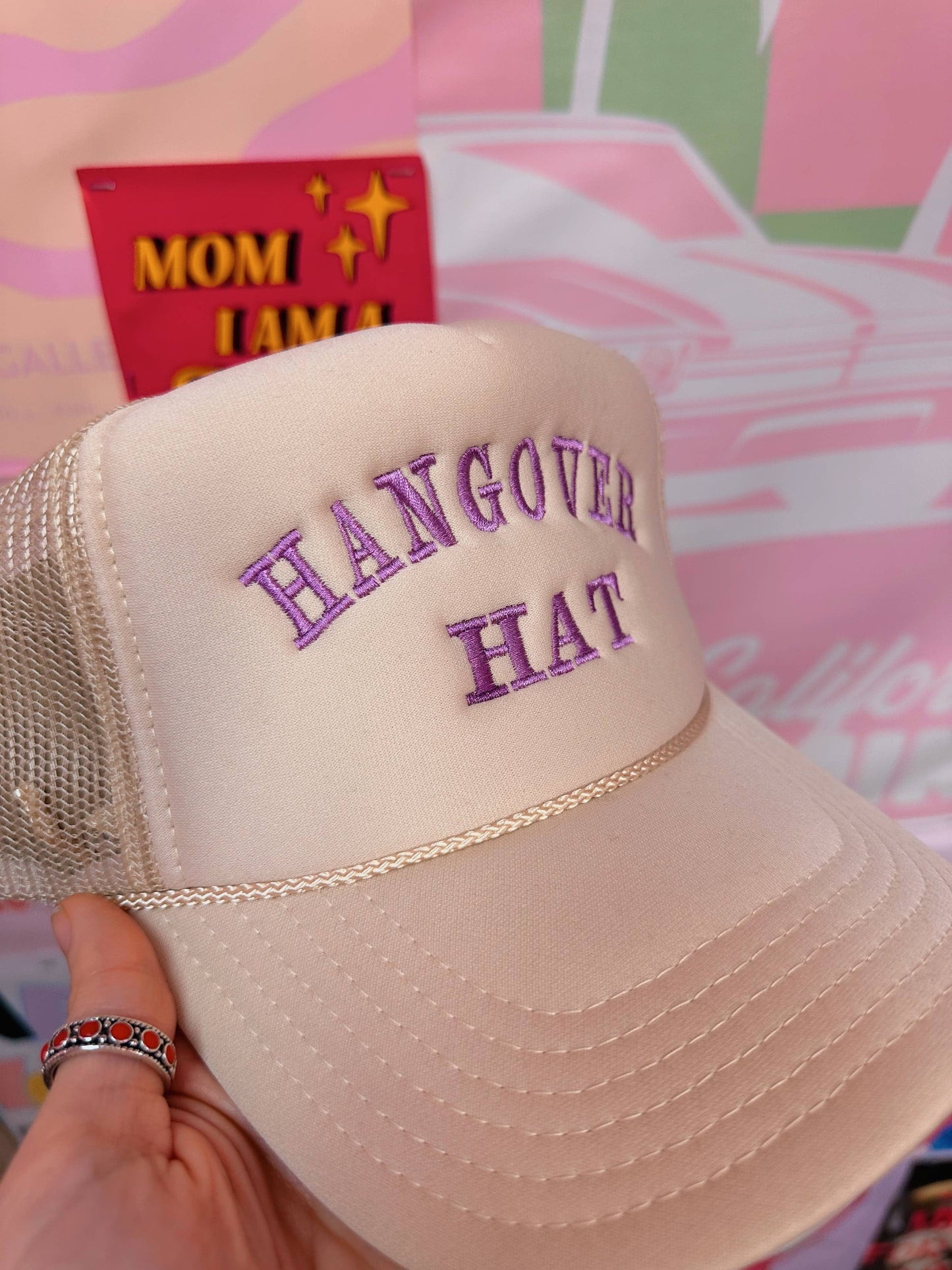 Tan Hangover Trucker Hat Embroidery