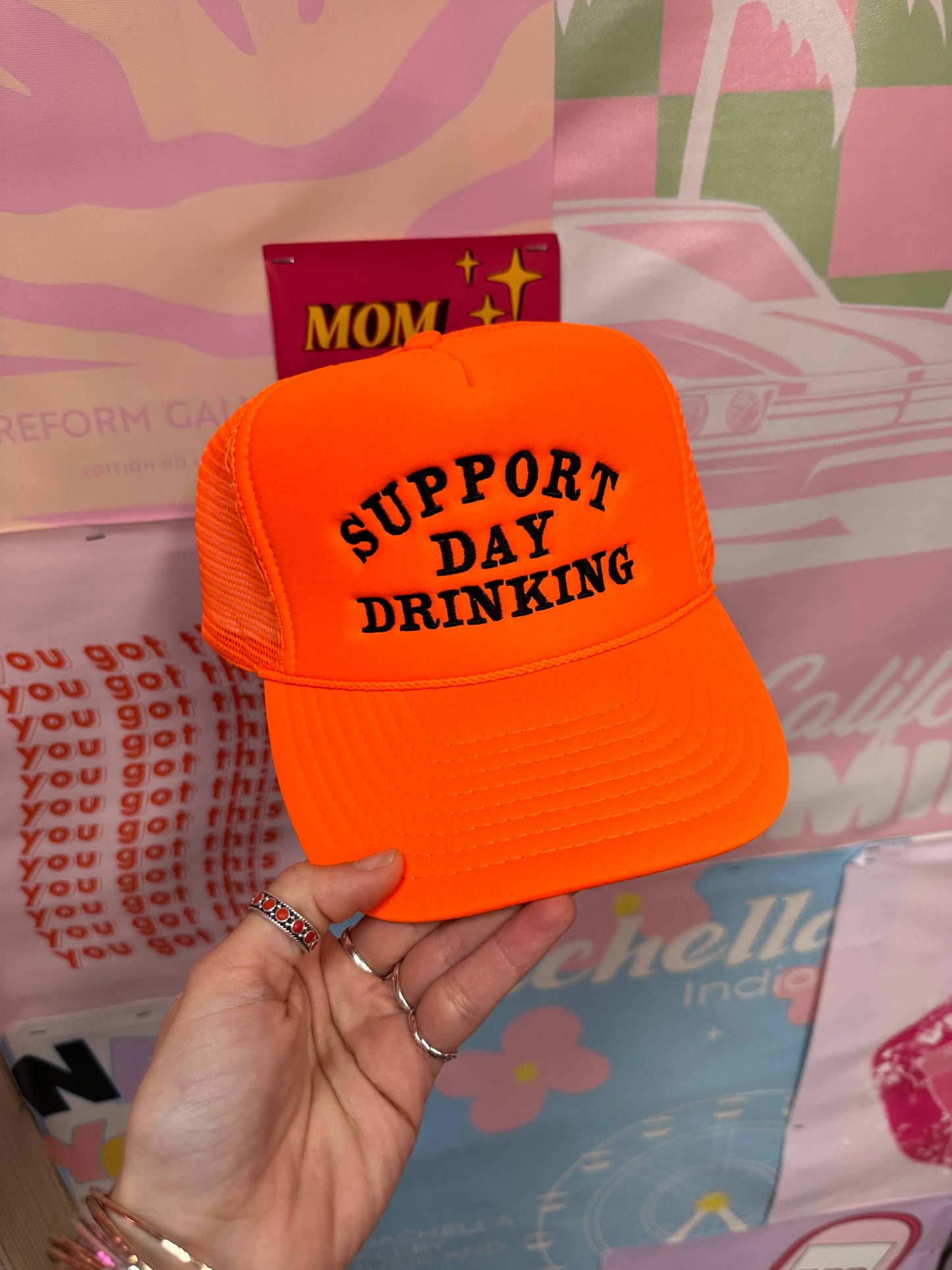 Support Day Drinking Trucker Hat Neon Orange