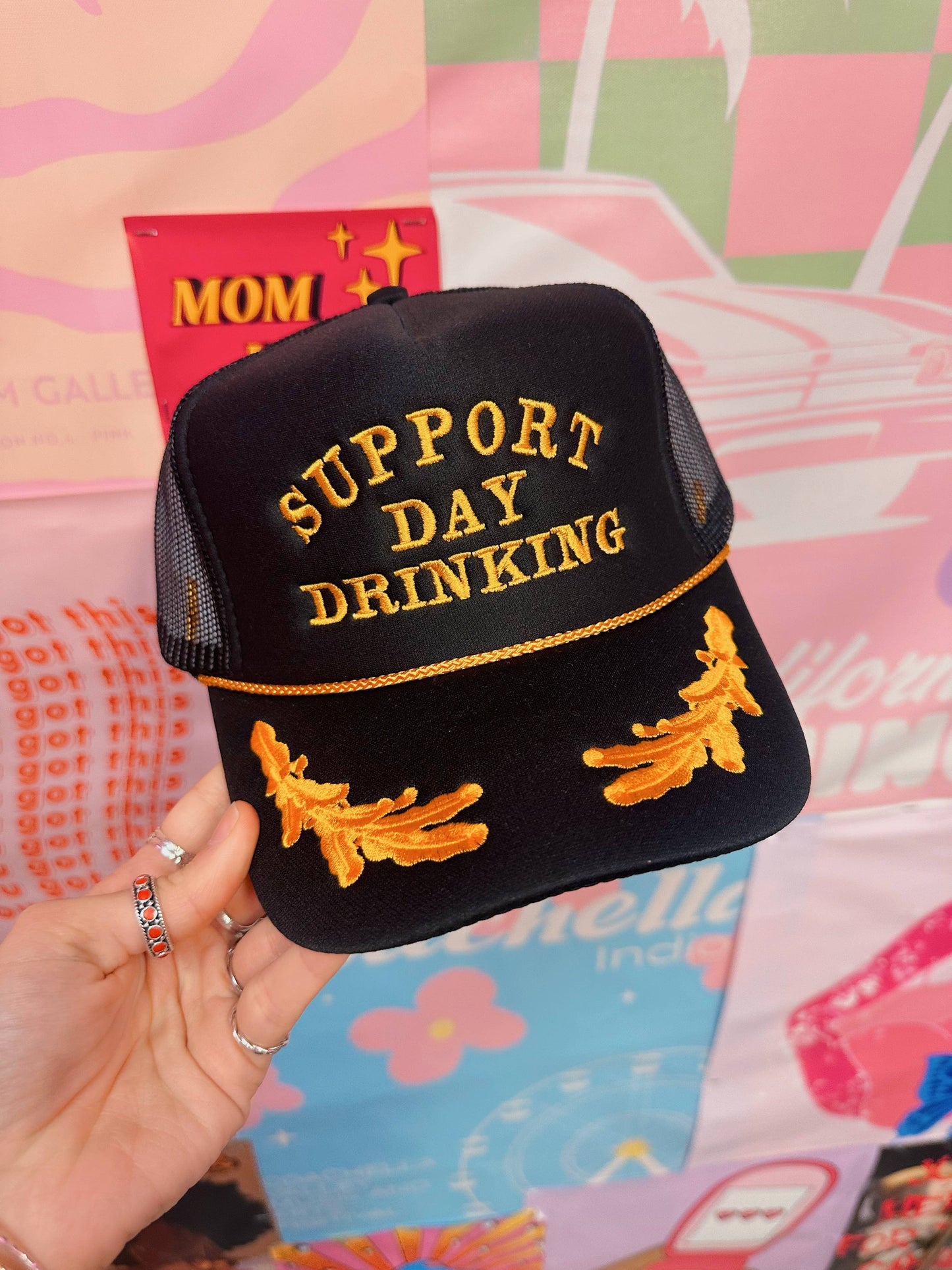 Support Day Drinking Trucker Hat: Gold Look