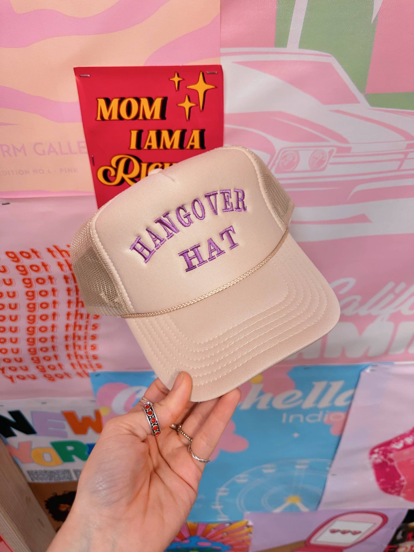 Tan Hangover Trucker Hat Embroidery