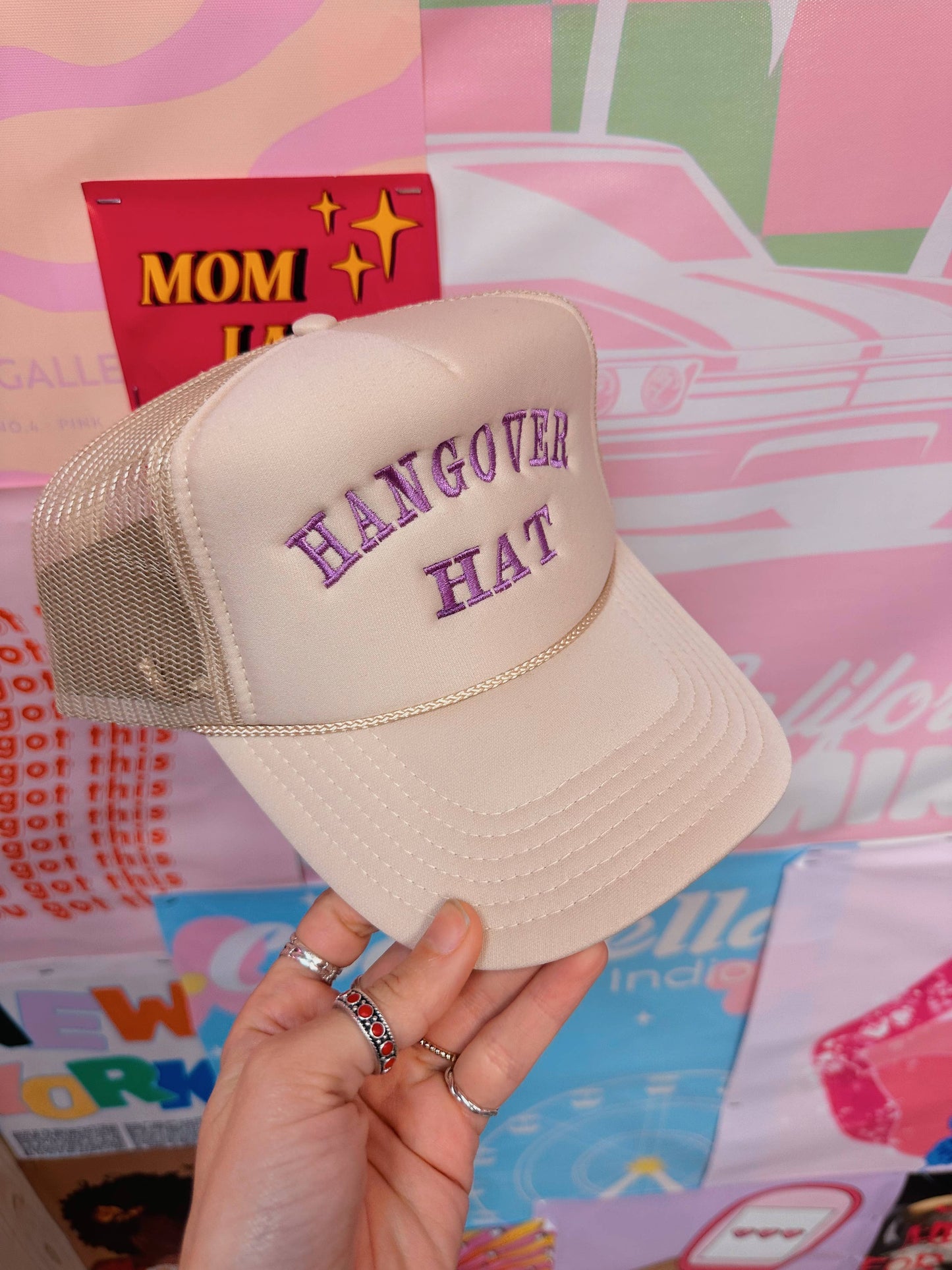 Tan Hangover Trucker Hat Embroidery