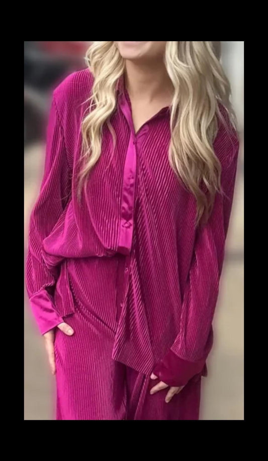 Silk Ribbed Magenta Button Up Top