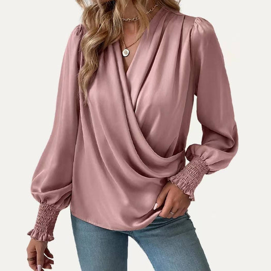 Graceful Solid Surplice Neck Long Sleeve Top