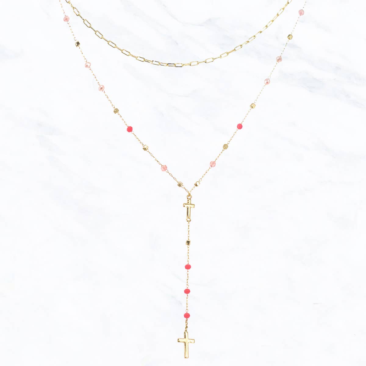 Two Layered Chain Glass Bead Cross Necklace