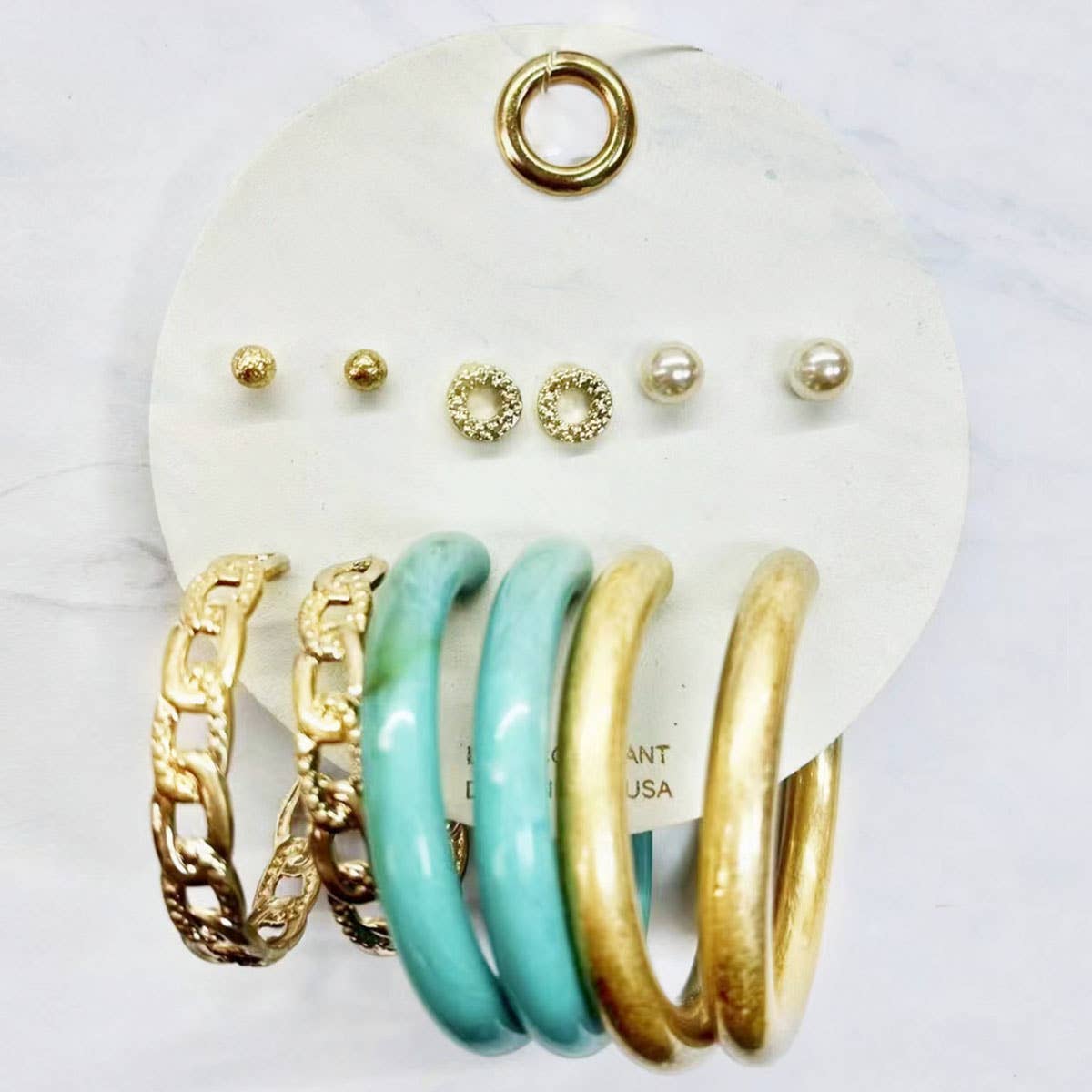 Teal and Gold  Hoop and Stud Earring Set