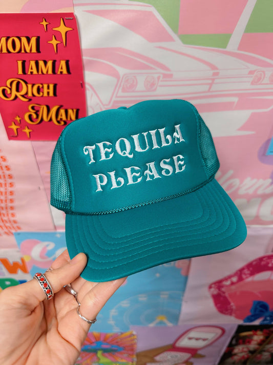 Turquoise Tequila Please Embroidery Trucker Hat
