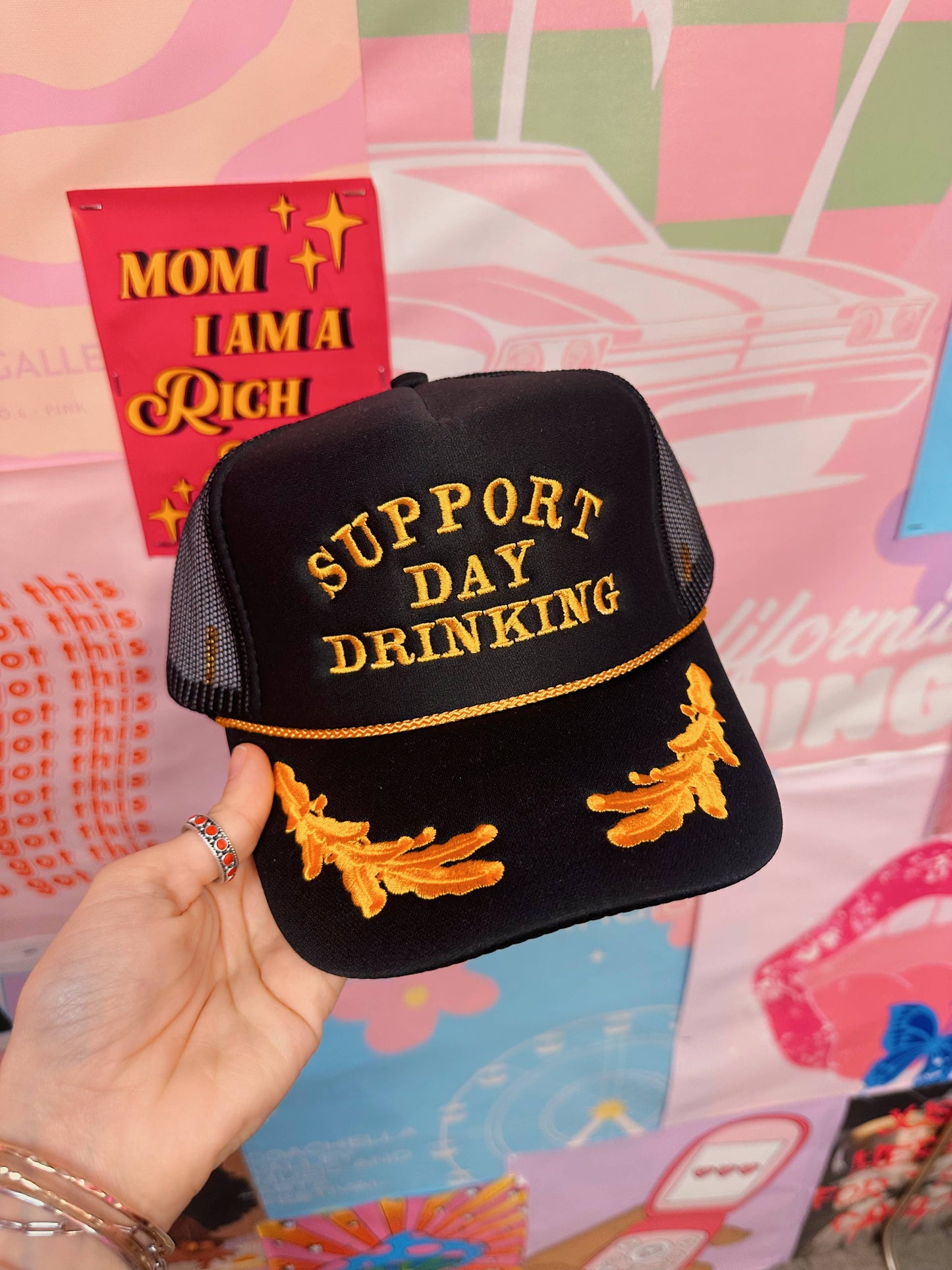 Support Day Drinking Trucker Hat: Gold Look